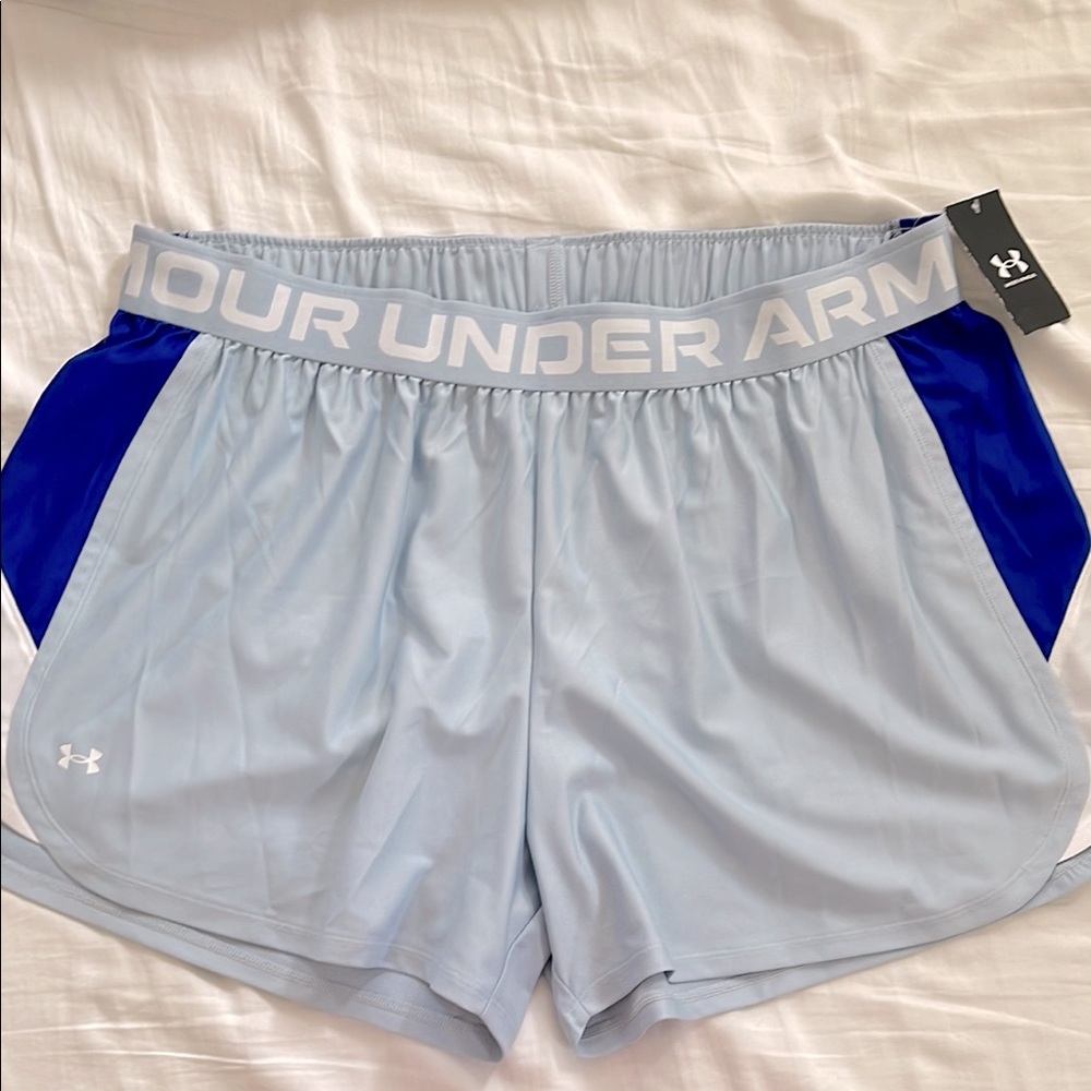 🆕 Under Armour Women's UA Play Up Side Stripe Light Blue and Blue Shorts Size 2X